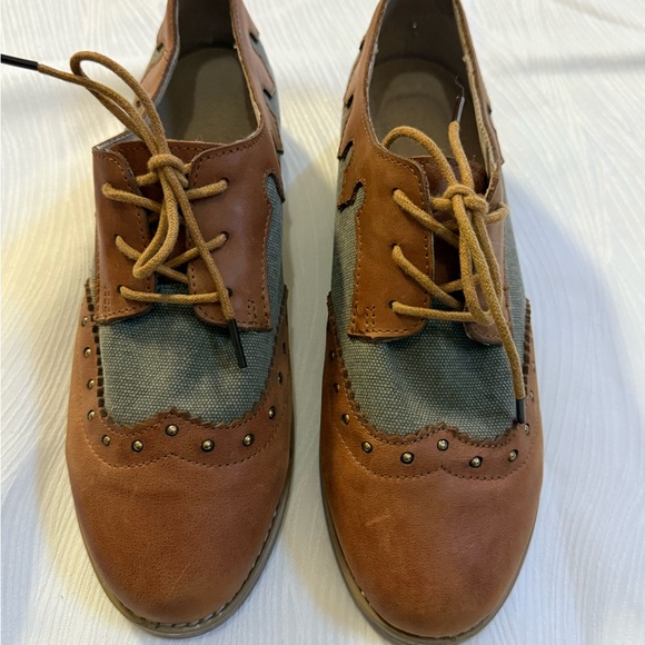 Retro Brown Oxford Shoes EU 40 Canvas Brogue Flats Cottagecore Academia - Picture 1 of 8